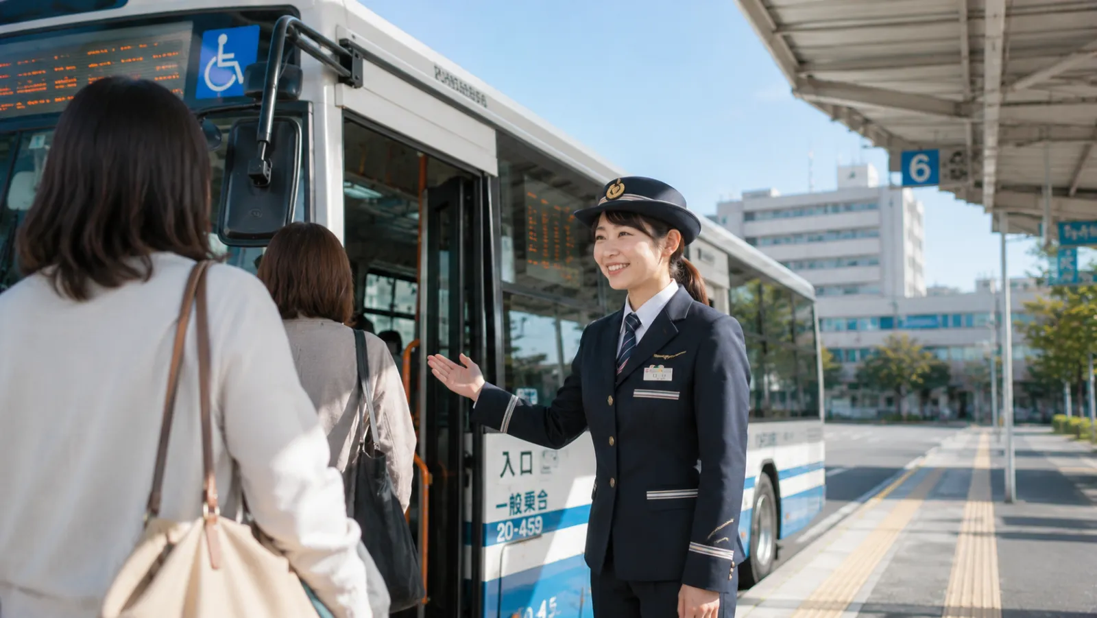 乗客を迎える女性バス乗務員