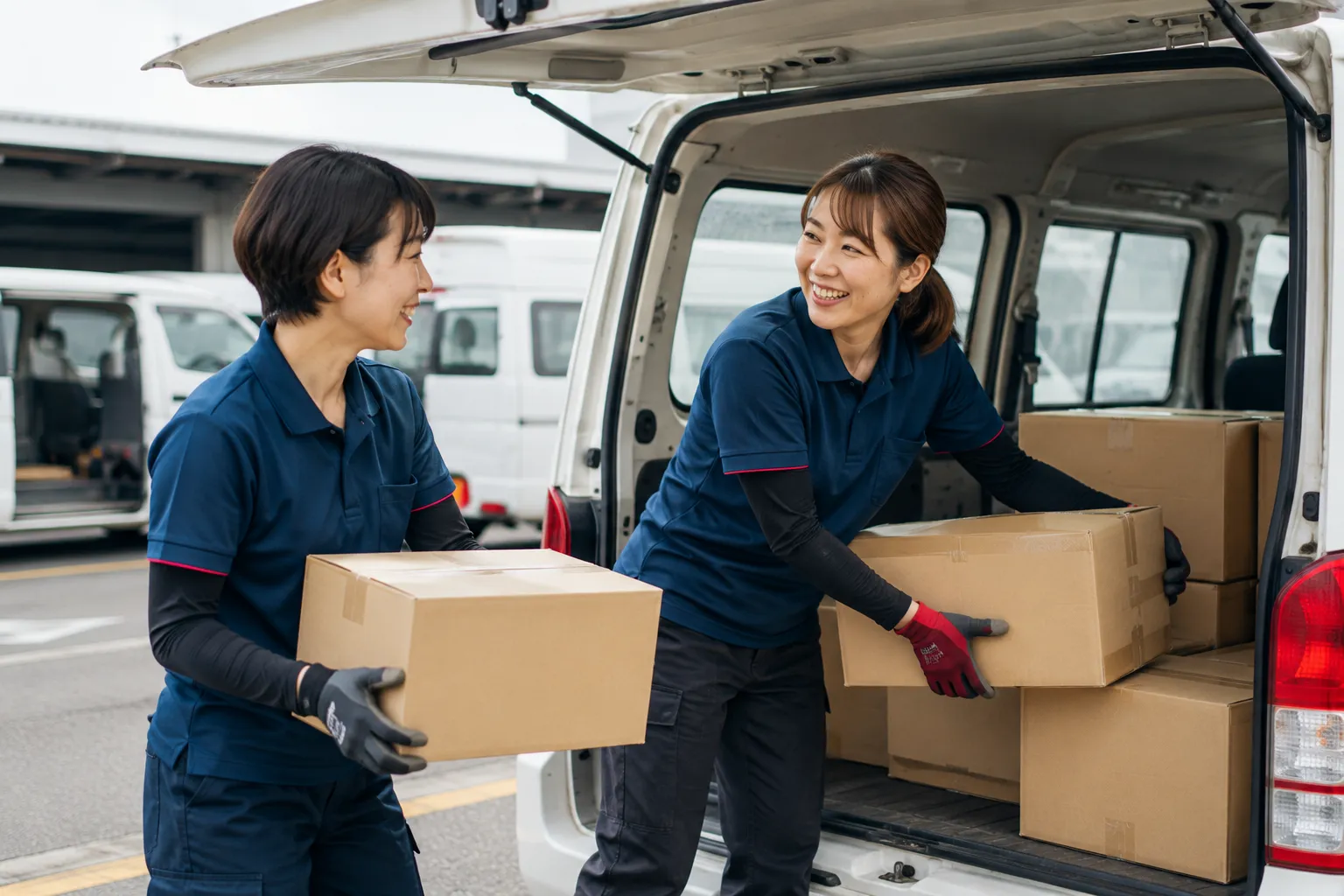 荷物を運ぶ女性ドライバー2名